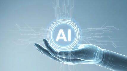 AI in the palm: A conceptual rendering showcasing an AI symbol floating in the open palm of a hand, representing the potential of artificial intelligence, bathed in a futuristic glow. 