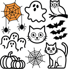 Fototapeta premium Halloween icons set with ghosts cats bats pumpkin and spiderweb vector