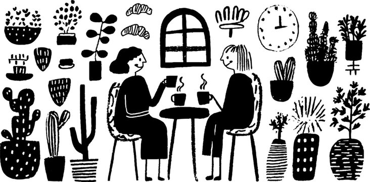 Cozy coffee break scene with two people chatting amidst indoor plants and decor elements