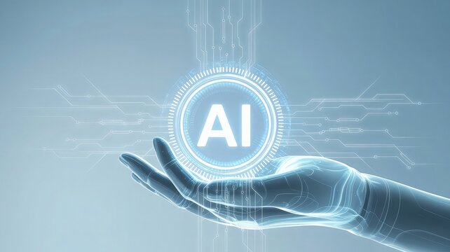AI in the palm: A conceptual rendering showcasing an AI symbol floating in the open palm of a hand, representing the potential of artificial intelligence, bathed in a futuristic glow.