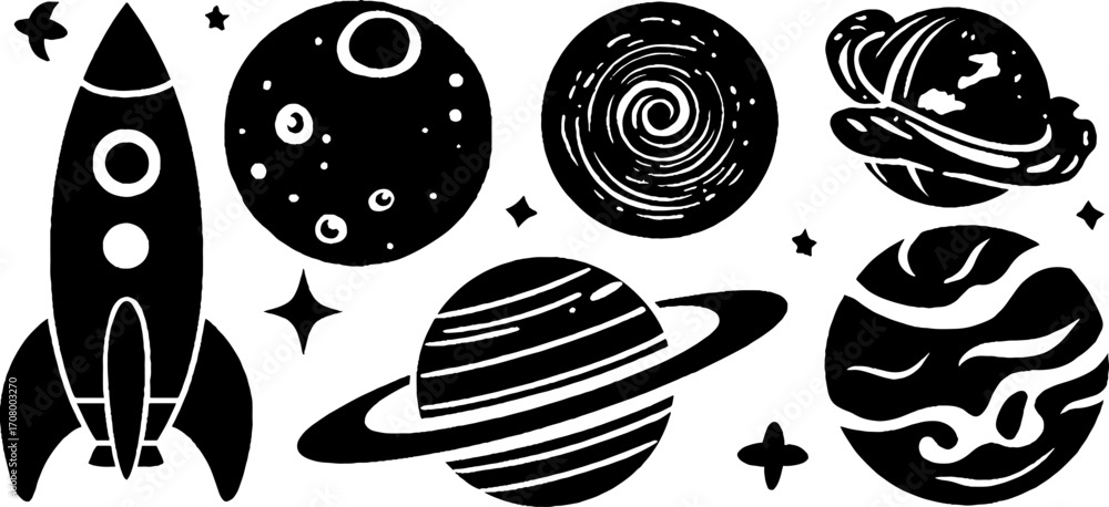 Poster cosmic objects collection with planets, satellite, and comet - celestial design for posters and card