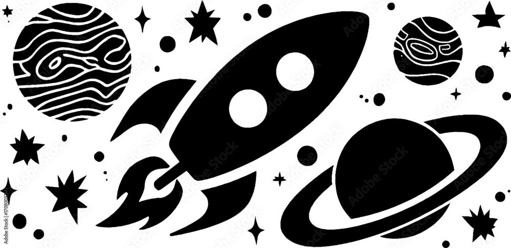 Poster cosmic exploration: planets, rockets, and celestial objects for design and decor