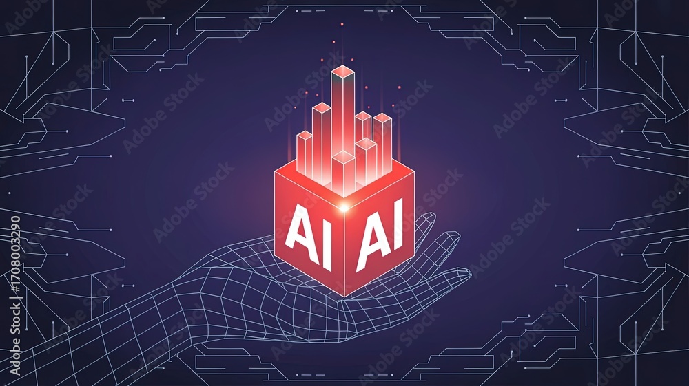 Poster ai innovation: a luminous cube emblazoned with ai is delicately cradled within a digital hand, repre