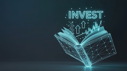 Investment in Knowledge: A visually stunning depiction of an open book, radiating with an inviting glow, from which the word INVEST and growth charts emerge.