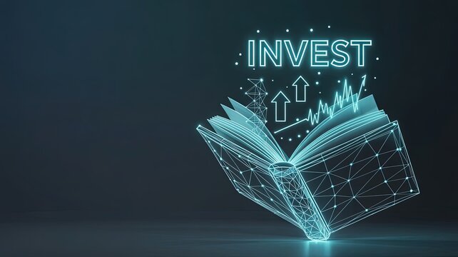 Investment in Knowledge: A visually stunning depiction of an open book, radiating with an inviting glow, from which the word INVEST and growth charts emerge.