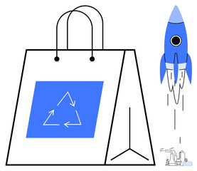 Recyclable shopping bag with triangle recycling arrows beside launching rocket, symbolizing green innovation, sustainability, and progress. Ideal for eco-lifestyle, technology growth, business