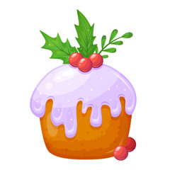 A festive Christmas cake with purple icing, holly leaves, and red berries. perfect for holiday designs and seasonal greetings.