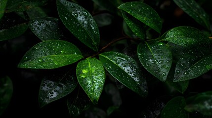 Close-up of green leaves with water droplets in low light.