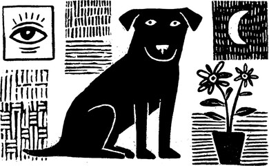Celestial canine tattoo flash with sitting dog and abstract elements