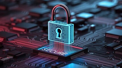 Secure Data in Cyberspace: A luminous digital padlock, symbolizing robust security, hovers over an intricate circuit board.