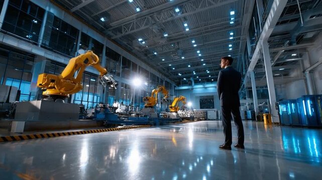 Modern Automation: A focused individual stands in awe, observing automated industrial robots at work in a futuristic production facility.