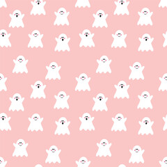 Halloween background. Seamless texture with cute ghosts. Vector illustration
