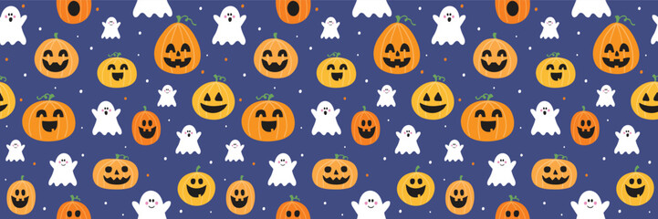 Halloween background. Seamless texture with cute pumpkins and ghosts. Banner. Vector illustration