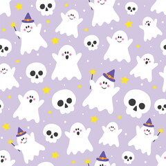 Seamless pattern with hand drawn ghosts and skulls. Halloween background. Vector illustration