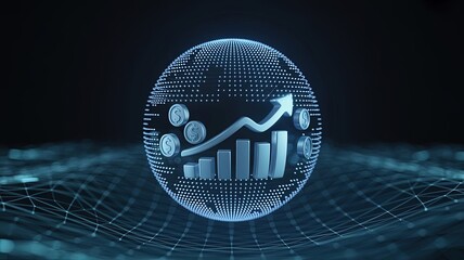 Financial Growth Concept: A visually captivating rendering of a globe adorned with financial elements, including a rising graph and currency, set against a backdrop of a digital network.