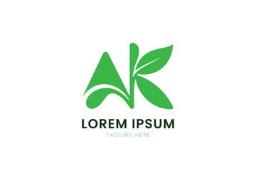 Modern minimalist green ak letter logo with leaf accents and lorem ipsum text