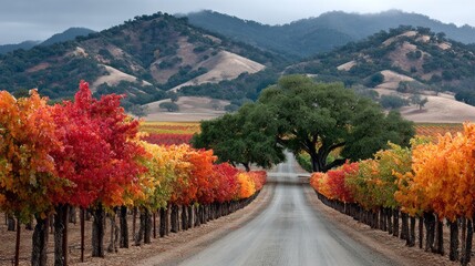 Colorful autumn vineyard scenery with vibrant trees and rolling hills during the fall season in a rural landscape