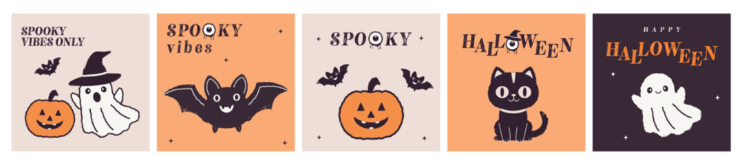 Halloween vector set with party cards and posters, hand-drawn calligraphy, playful ghosts, cute pumpkins, bats, and a cat. Ideal templates for web, social media, ads, and festive seasonal designs.