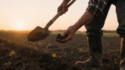 close up shot of an unrecognizable farmer scooping and examining dirt in a rural, plowed field at sunset