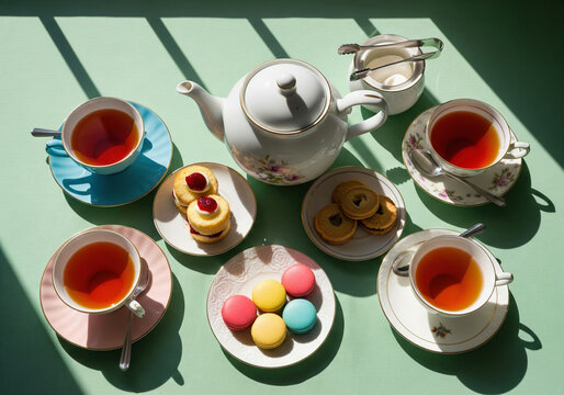 A tea party flat lay with different cups cakes and a teapot on a pastel green background