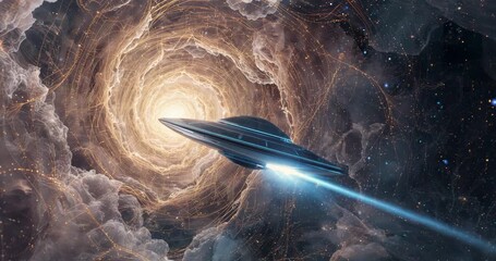 Showing sleek metallic spacecraft entering from right into clouds to golden vortex, with blue glow - Powered by Adobe