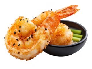 Close up of fried shrimp tempura with black sesame seeds in a small black bowl on a black background
