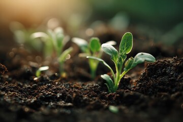 Young Plants Emerging From Dark Earth In Warm Sunlight