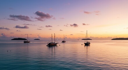 Serene Sunset Over Calm Waters with Sailboats Floating in Tranquil Bay