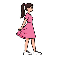 A charming cartoon illustration of a happy young woman walking, wearing a stylish pink dress and white shoes, with her hair in a ponytail.