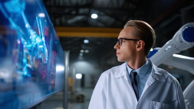 Tech Visionary: A sharp-dressed expert in a lab coat, his eyes reflect the future, focusing on advanced technological displays within a modern industrial setting.