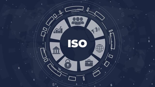 ISO Standard certification standardisation quality control concept on screen. Flying white Dollar icons animation. Money Symbol Shower for Finance, Wealth, and Business Concepts.