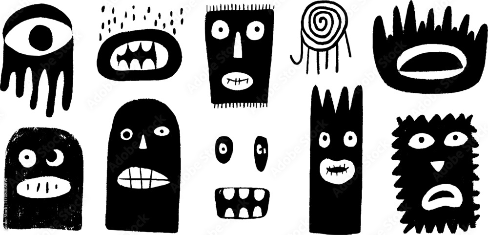 Poster abstract psychedelic faces with melting eyes and dripping mouths for unique design projects