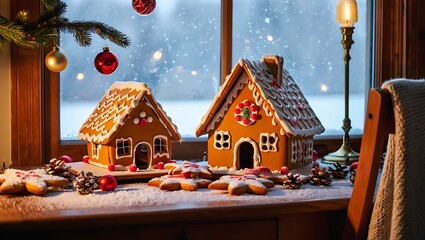 Festive gingerbread houses and cookies decorating window sill