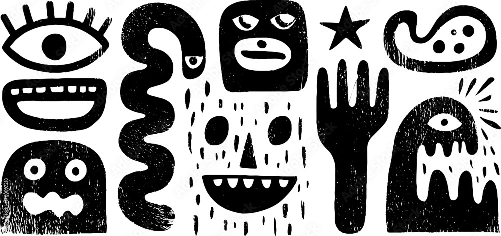 Poster quirky abstract collection of blob shapes with faces and eyes for creative design
