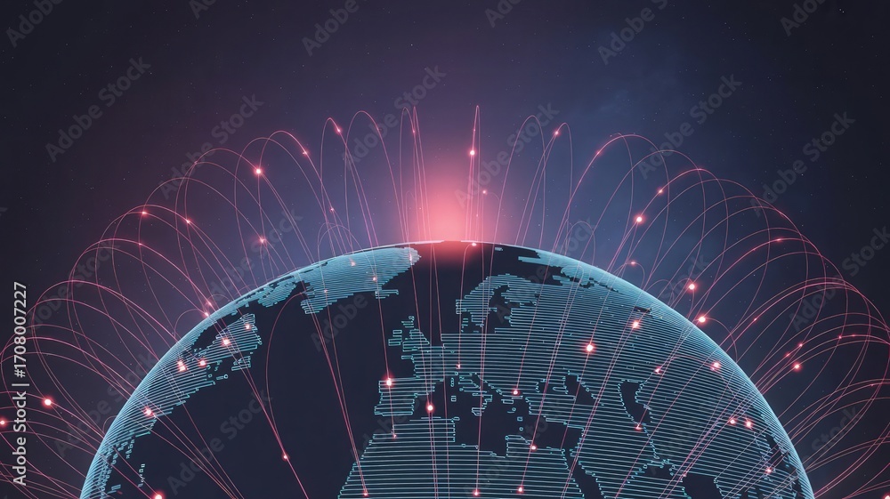 Poster digital earth network: a luminous, digital depiction of earth is encircled by a vibrant network of i