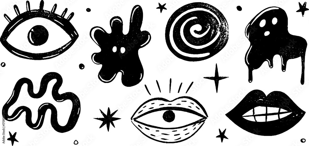 Aufkleber quirky abstract set of wiggly lines and blob shapes in black and white design