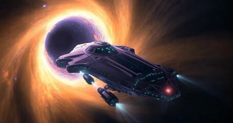 Emerging from void, spacecraft cruising toward cosmic vortex in space, pulsing blue thruster plumes - Powered by Adobe