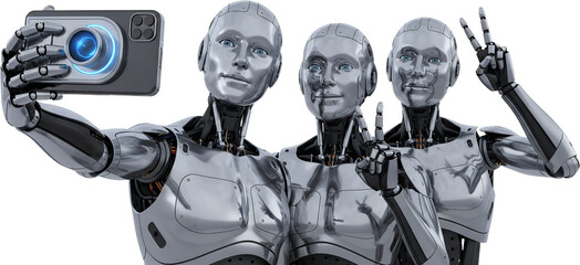 Three humanoid robots taking a selfie with a smartphone one robot displays peace sign isolate android
