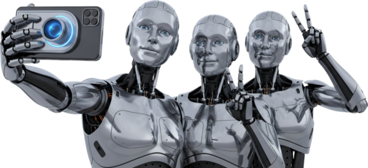 Three humanoid robots taking a selfie with a smartphone one robot displays peace sign isolate android