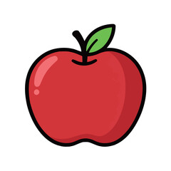 A simple and classic cartoon illustration of a ripe red apple with a green leaf, great for food, health, and nature-related content.