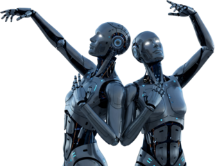 Two futuristic humanoid robots with glowing eyes posed dramatically showing intricate internal mechanisms isolate