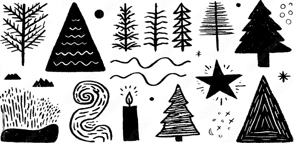 Aufkleber winter woodland design with snowflake patterns and pine forest elements