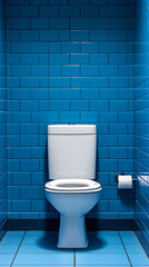 Modern Clean White Toilet in Small Bathroom with Bright Blue Tiled Walls and Floor