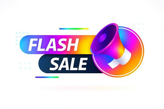 Vibrant megaphone announcing a limited time flash sale with dynamic gradient colors and bold typography