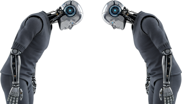 Two futuristic android robots bowing their heads in a gesture of respect isolate Technology Cybernetic