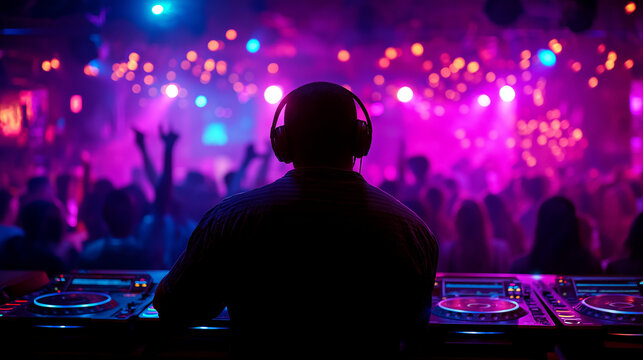 DJ mixing tracks in a vibrant neon-lit club with energetic crowd