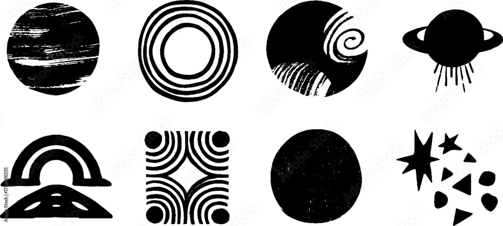 Poster abstract space elements: marble textured planets and orbits design