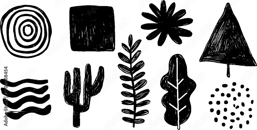 Poster spring set of abstract shapes with spiral, triangle, star, and square for artistic design