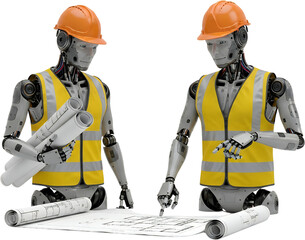 Two androids in construction helmets and safety vests examine blueprints one holding rolled plans robot transparent background