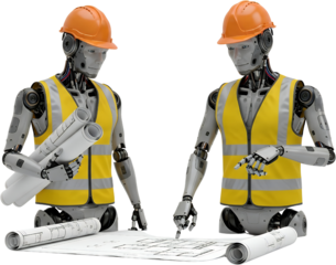 Two androids in construction helmets and safety vests examine blueprints one holding rolled plans robot transparent background